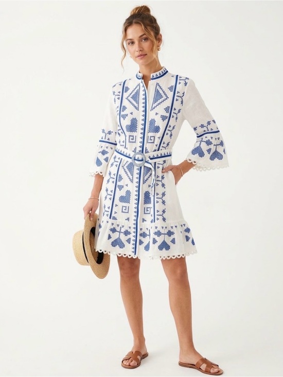 FARM Rio Dresses & Skirts - FARM Rio White Blue Cross Stitch Embroidered Midi Dress Band Collar Belt M